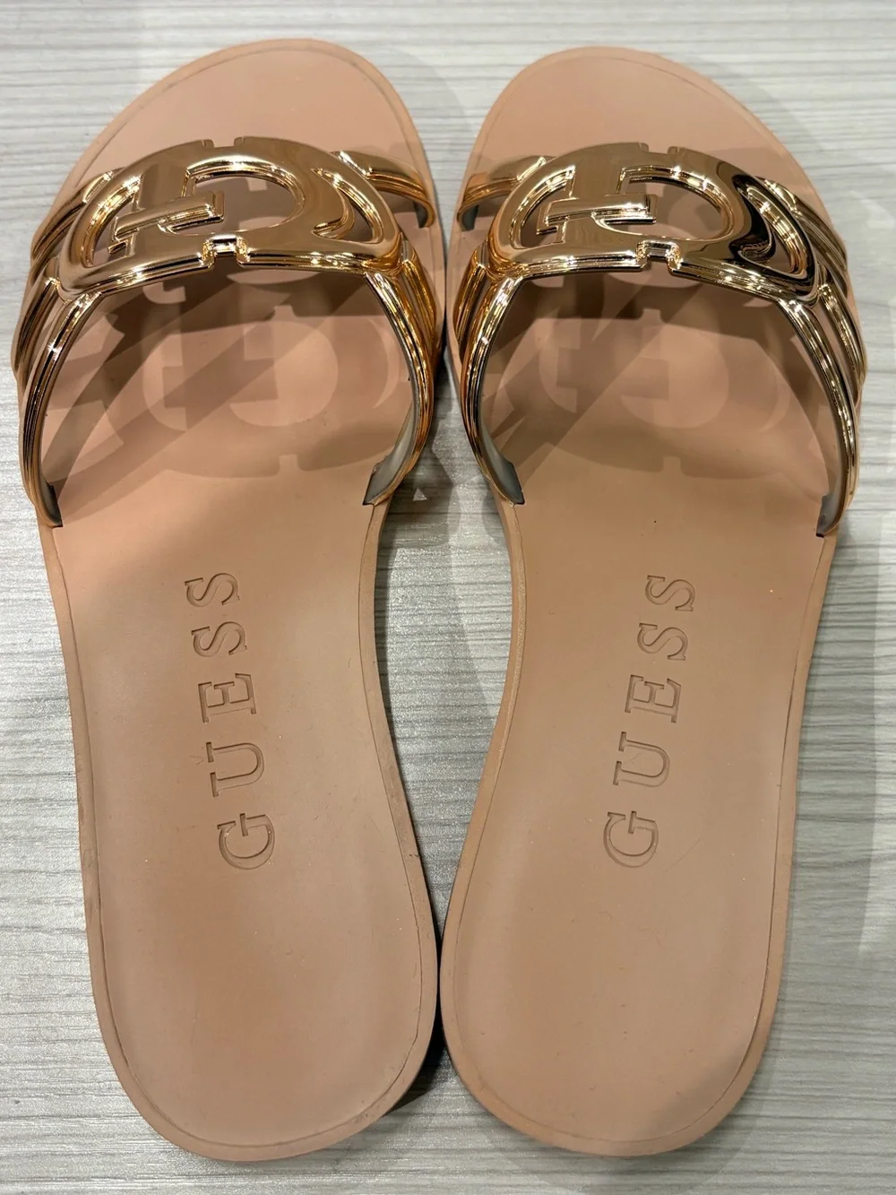 GUESS Nude Slip-On Sandals with Gold Logo Emblem